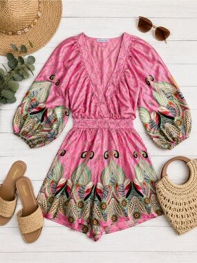 Anna Rae Pink Boho Print Balloon Sleeve Romper | Size S